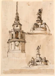 Elevación de una torre; fuentes; escalera