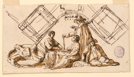 Parte de una hoja de un libro de dibujos: figuras y planos arquitectónicos