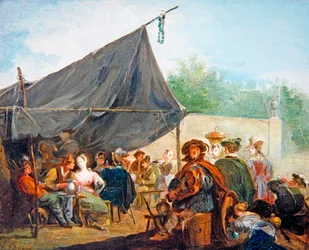 Escena de campamento con figuras bebiendo
