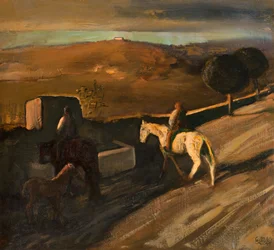 Caballo blanco en el abrevadero