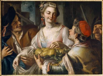 Carnaval (Carnaval). Escena de fiesta popular en Venecia, un joven ofrece un plato de frutas a una joven que toma una manzana, rodeado de personajes, uno de los cuales tiene una máscara grotesca de la commedia dell