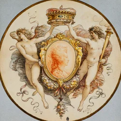 Un Retrato Oval de una Mujer de Perfil con un Borde Decorativo de Grotescos y Guirnaldas, con Figuras Alegóricas de la Fama y la Victoria Sosteniendo una Corona