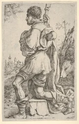 San Roque, arrodillado en una piedra, visto de lado con su perro detrás de él y una ciudad, 1620-30