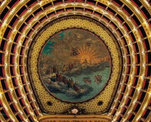 Techo pintado por Giuseppe Cammarano (1766-1850), Teatro San Carlo (Teatro Real de San Carlos), Nápoles, Campania, Italia