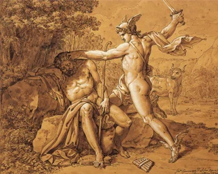 Italia, Mercurio matando a Argo para rescatar a la ninfa (Mercurio uccide Argo per salvare la ninfa) de Giuseppe Cammarano (1766-1859) regalado por el artista a Gaetano Donizetti, dibujo