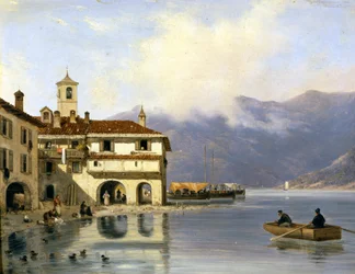 Como. Orilla y puerto de Menaggio (1850). Pintura de Canella. Menaggio (Como)