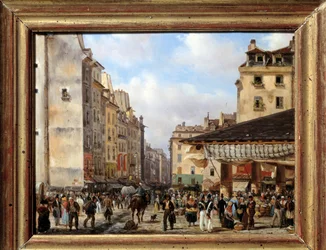Les Halles y rue de la Tonnellerie en 1828: vista de París en el siglo XIX