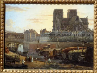 El puente de Saint Charles, el Hôtel-Dieu, el arzobispado y Notre Dame vistos desde el Quai de la Tournelle en París