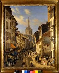 Vista de la Corsia dei Servi (actual Corso Vittorio Emanuele) en Milán. Pintura de Giuseppe Canella (1788-1847) 1834 Milán, Museo de Milán