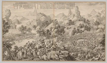 Rompiendo el asedio en Hesui: de Escenas de batalla de la represión de rebeliones..., c. 1765-17