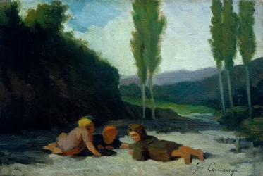 Niños jugando en la orilla de un río (óleo sobre lienzo)