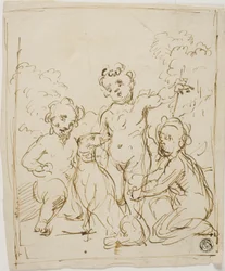 Tres putti y un perro en un paisaje