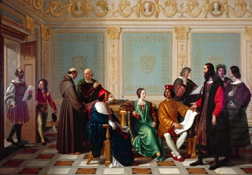 Leonardo da Vinci recibiendo el encargo de La Última Cena en la corte de Ludovico il Moro en Milán