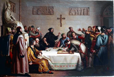 El juramento de Pontida. Ceremonia de alianza el 07/04/1167 entre las comunas de Lombardía contra el Sacro Imperio Romano de Federico Barbarroja. Es el origen de la Liga Lombarda. Pintura de Giuseppe Diotti (1779-1846)