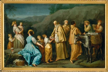Religieux queteurs a qui une jeune fille donne des oefs - Frailes mendicantes a los que una niña ofrece huevos ...