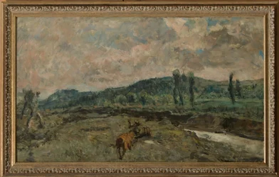 Paisaje con carros (óleo sobre tabla)