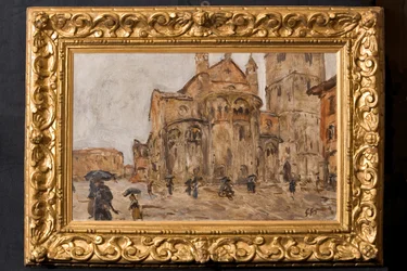 Piazza Grande in the Rain (óleo sobre madera)