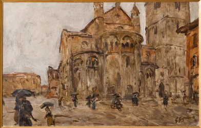 Piazza Grande in the Rain (óleo sobre madera)