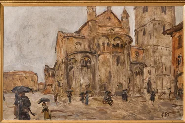 Piazza Grande in the Rain (óleo sobre madera)