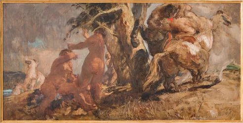 Los bañistas y un centauro (óleo sobre madera contrachapada)