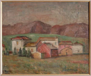 Aldea al pie de las montañas (óleo sobre lienzo)