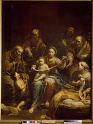 La Sagrada Familia (La Sagrada Familia). La Virgen y el niño Jesús están en el centro del cuadro, rodeados por José, Santa Isabel y San Juan Bautista, niño. Pintura de Giuseppe Maria Crespi conocida como Lo Spagnolo (1665-1747), óleo sobre lienzo, hacia 17