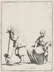 Campesino de pie con un perro y una mujer sentada