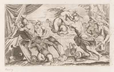 Eneas y sus compañeros luchan contra las Arpías. Arpijae celebri lapsu de montibus adsunt (título sobre objeto) Andanzas de Eneas (título de la serie) L