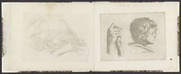 Mano con un palo de madera y cabeza de niño Ejemplos de dibujo (título de la serie) Mitelli intaglio (título de la serie)