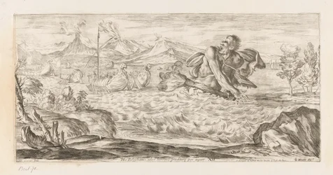 Polifemo achtervolgt de vloot van Eneas Aquí Polifemo está presente, horrible, caminando a grandes zancadas por la llanura (título del objeto) Omzwervingen van Aeneas (título de la serie) Pintura de L