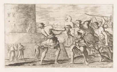 Si los troyanos no fueran capturados He aquí, entregan a Sinon con las manos atadas a la espalda (título sobre el objeto) Omzwervingen van Aeneas (título de la serie) Pintura de L