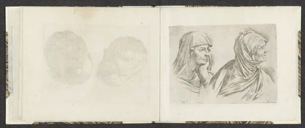 Dos bustos de mujeres mayores a la derecha. Ejemplos de dibujo (título de la serie) Mitelli intaglio (título de la serie)