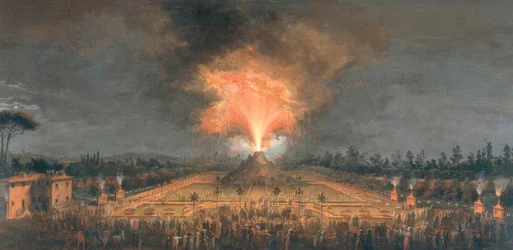 Fiesta nocturna con volcán en erupción en las Cascine de Florencia en honor al Gran Duque Fernando III