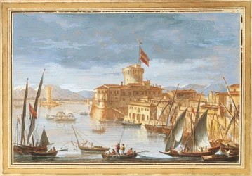 Vista del puerto de Livorno, por Giuseppe Maria Terreni, ilustración