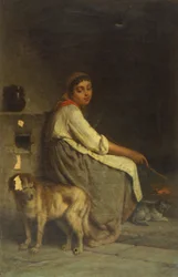 Mujer con perro y gato junto a la chimenea
