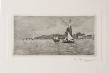 Barcos en la laguna (grabado sobre papel blanco)