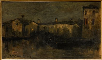 Paisaje con casas (óleo sobre cartón)