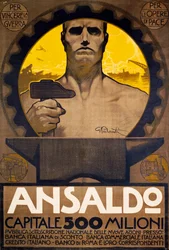 Trabajador con martillo y yunque, cartel de Ansaldo de Génova para la suscripción de nuevas acciones