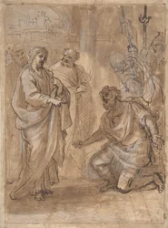 Cristo y el centurión recto, Figura saludando a un barco que se va verso