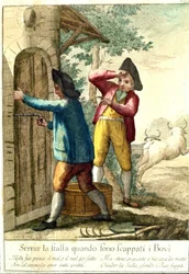 "No tiene sentido cerrar el establo cuando los caballos se han escapado." Grabado del siglo XVIII ilustrando una serie de proverbios. Giuseppe Piattoli (1740/50-1818)