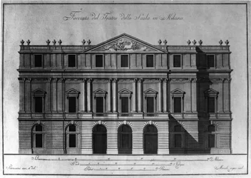 Dibujo de la arquitectura exterior de la fachada del Teatro alla Scala en Milán realizado por Giuseppe Piermarini