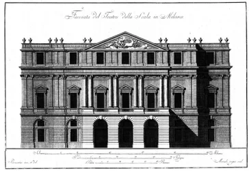 Dibujo de la arquitectura exterior de la fachada del Teatro alla Scala de Milán, realizado por Giuseppe Piermarini (1734-1808).