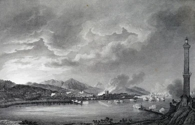 Génova bombardeada por la flota inglesa, 25 de mayo de 1800, grabado en acero del dibujo de Giuseppe Pietro Bagetti (1764-1831), París