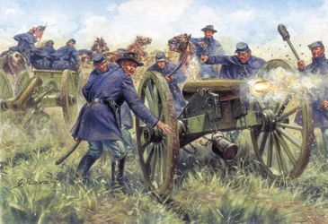 Guerra Civil Americana: Soldados del Norte (Unión) utilizando un cañón durante una batalla - Ilustración de Giuseppe Rava