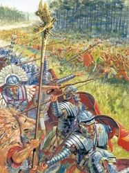 Antigua Roma: Ejército romano en Dacia en tiempos del emperador Trajano, hacia el año 105 d.C. - Antigua Roma: El ejército romano de Trajano contra los dacios - Ilustración de Giuseppe Rava
