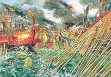 Antigua Roma: la batalla de Actium librada entre las fuerzas de Octavio y las fuerzas combinadas de Marco Antonio y Cleopatra VII el 2 de septiembre del 31 a.C. - Ilustración de Giuseppe Rava