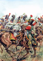 Batalla de Austerlitz el 2/12/1805, batalla entre los soldados del Gran Ejército y los rusos y austriacos - Batalla de Austerlitz, 2 de diciembre de 1805, entre el ejército de Napoleón I contra los ejércitos ruso y austriaco - Ilustración de Giuseppe Rava