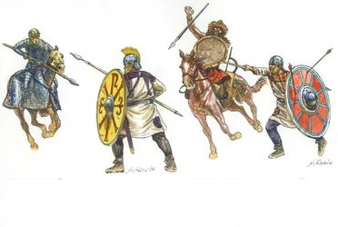 Cataphract luchando contra un legionario novel y un legionario novel luchando contra un guerrero huno