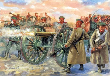 Guerra de Crimea: dominio de la artillería rusa en la batalla de Balaclava del 25/10/1854 - Guerra de Crimea: soldados rusos durante la batalla de Balaclava librada el 25 de octubre de 1854 - Ilustración de Giuseppe Rava