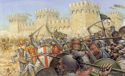 Cruzada: lucha entre cruzados y sarracenos cerca de una fortaleza -